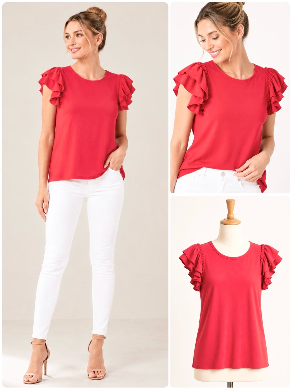 CeCe Double Ruffle Flutter Sleeve with Pleared detail Blouse Crew Neck Pullover
